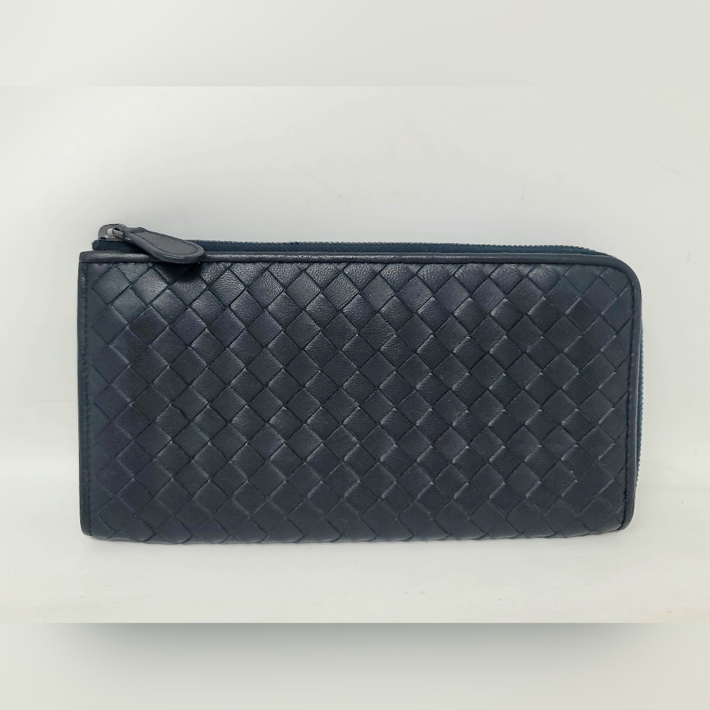 Bottega Veneta Black Woven Leather 3/4 Zip Around Long Wallet Italy Authentic